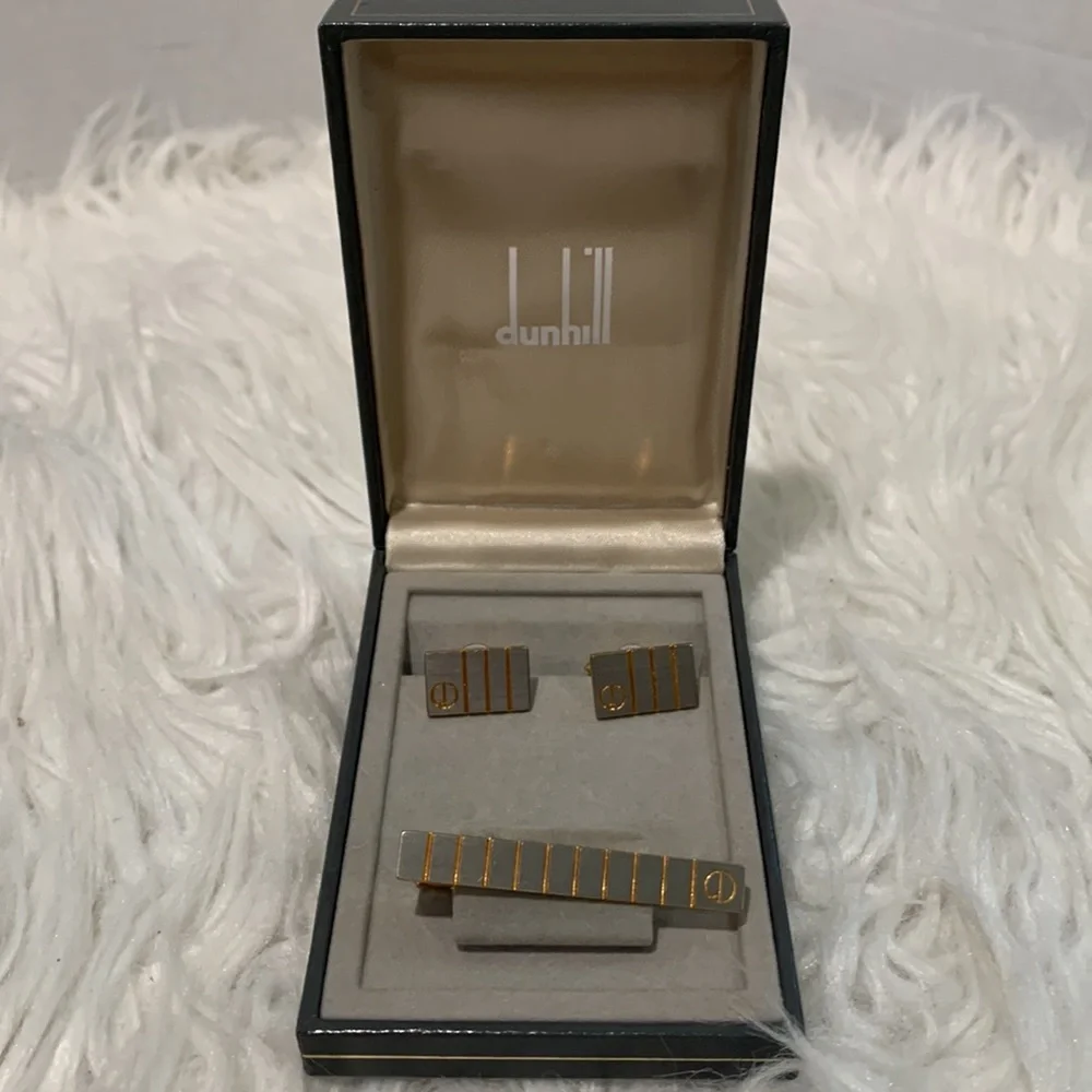 DUNHILL Silver and Gold Tone Cufflinks with Matching Tie Clip Vintage